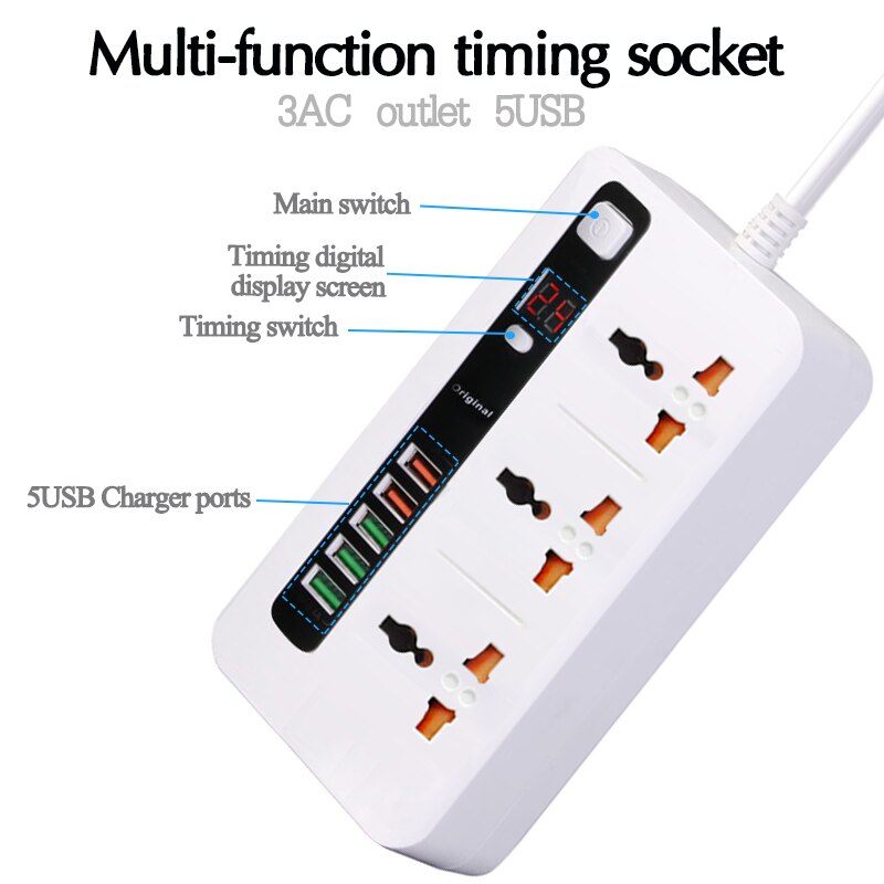 24 Hours Timer Power Strip Surge Protector 3 EU Plug Outlets Electric Socket with 5USB Charger Adapter Dock 5V 3.4A 2m Cord