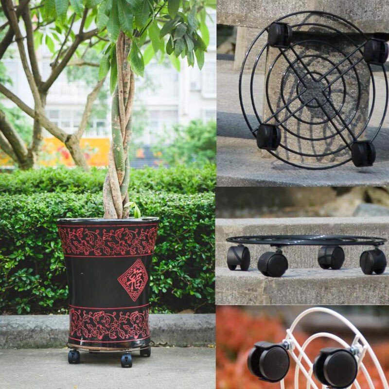 Black 4 Sizes Metal Round Flower Plant Pot Tray 4 Wheels Heavy Planter Flowers Pot Mover Trolley Plate Stand Holder Garden Tools