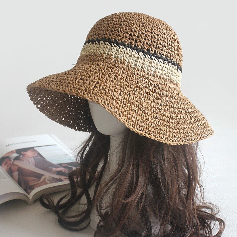 Simple Portable Summer Beach Hat Female Casual Panama Hat Lady Brand Women Flat Brim Straw Cap Girls Sun Hat Bob: Brown