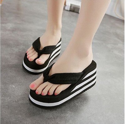 Ladies Wedges Slippers High Platform Flip Flops Women Summer Slippers High Heels Slipper Beach Wedges Sandals Flipflops: Black / 5