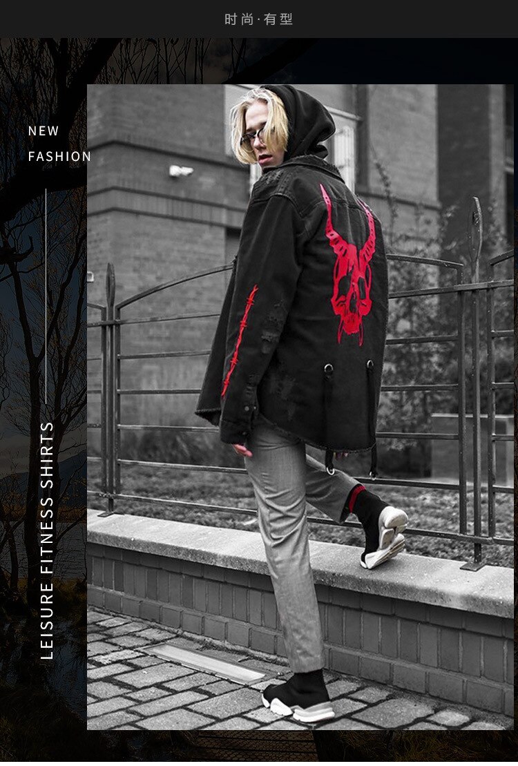 Gótico cazador de cráneo negro Denim chaqueta hombres chaqueta Punk Rock sudadera Heavy Metal tirantes agujero Streetwear