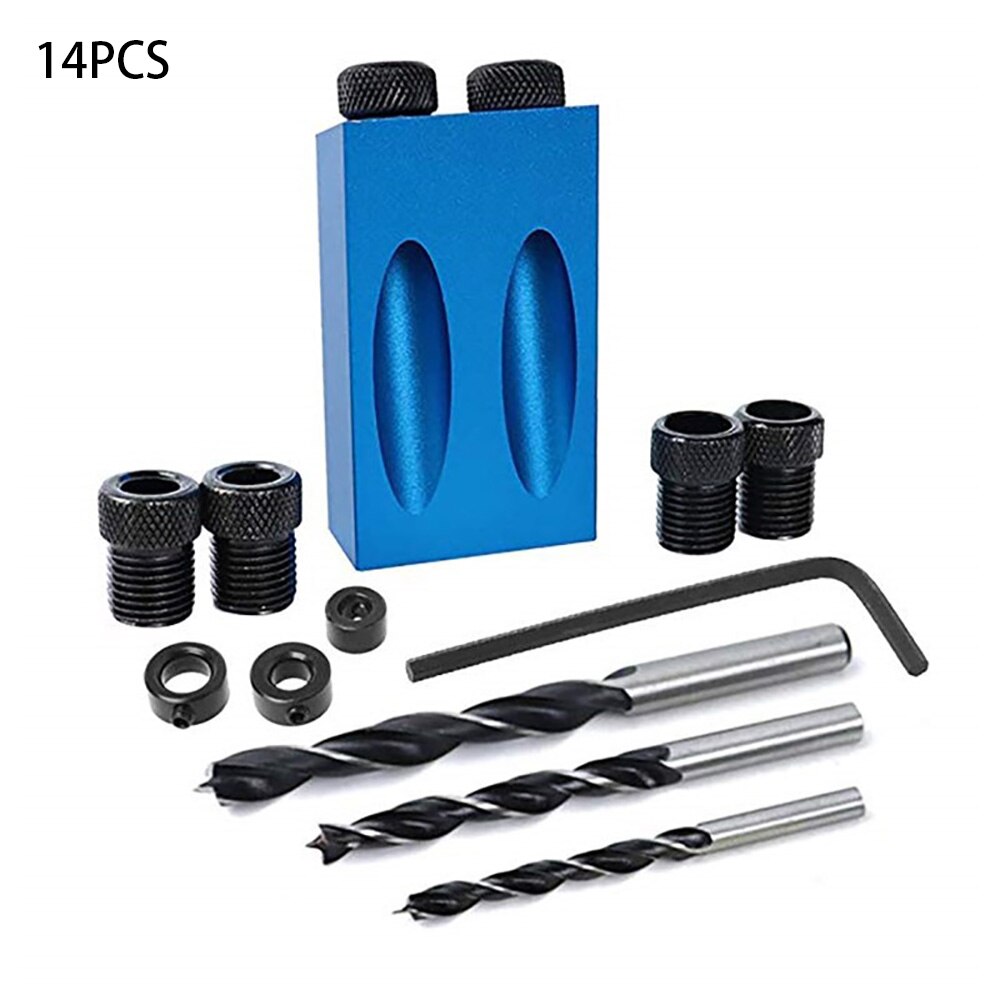 15 Degree Angle Woodworking Oblique Hole Locator Pocket Jig Kit Drill Guide Set Hole Puncher DIY Carpentry Tools Bits: 14 piece set