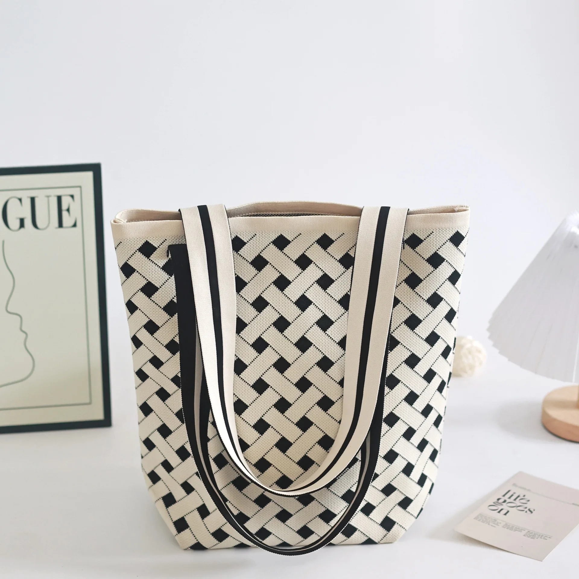 Bolso tipo cubo de punto de alta gama, bolso de hombro para mujer, bolso de de gran capacidad, estilo minimalista Neutral, fibra de poliéster: Morado