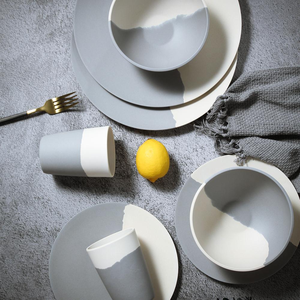 Lekoch Bamboo Fiber 4Pcs for 1 person Tableware Set gray and white Plate Bamboo Fiber dinnerware Plate Bowl Cup Set for Party