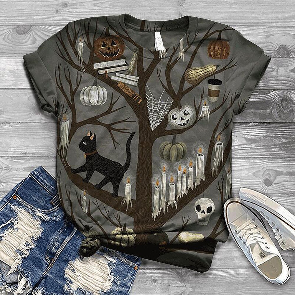 Halloween-print ronde hals casual t-shirt unisex halloween-patroon korte mouwen t-shirt top voor mannen vrouwen  hb88