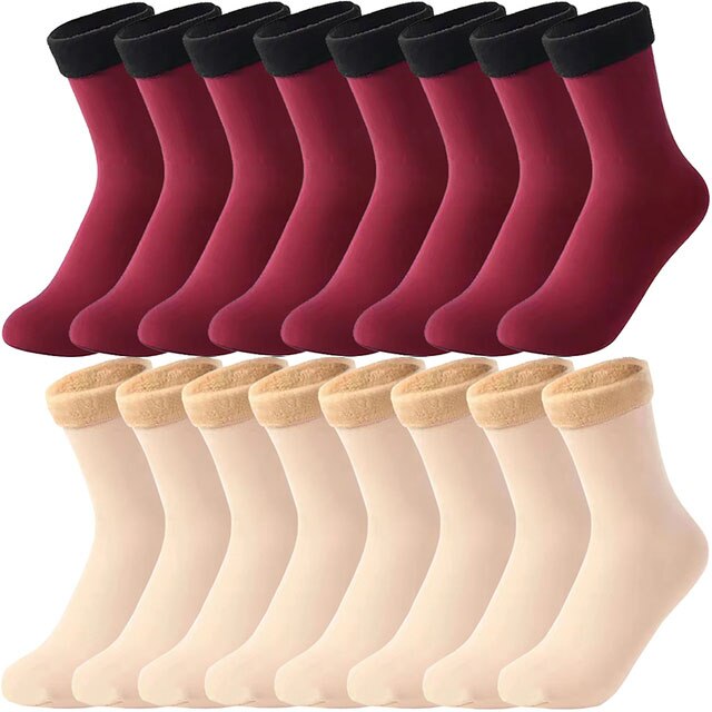 10 Pairs Winter Warm Women Socks Solid Color Thicken Thermal Socks Soft Plus Velvet Socks Casual Snow Sock Home Floor Beige Sock: 5 Red 5 Beige