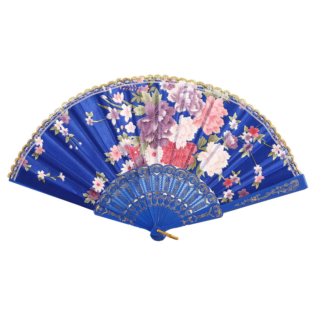 Vouwen Fans schoonheid Kant Chinese Stijl Dans Bruiloft hand fan Folding Held Bloemen Fans decoratieve abanico: Deep Blue