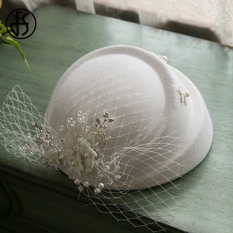 Fs Witte Hoed Fascinators 100% Wolvilt Pillendoosjepet Met Sluier Vrouwen Bloem Baret Cap Bridal Wedding Party Cocktail Fedora