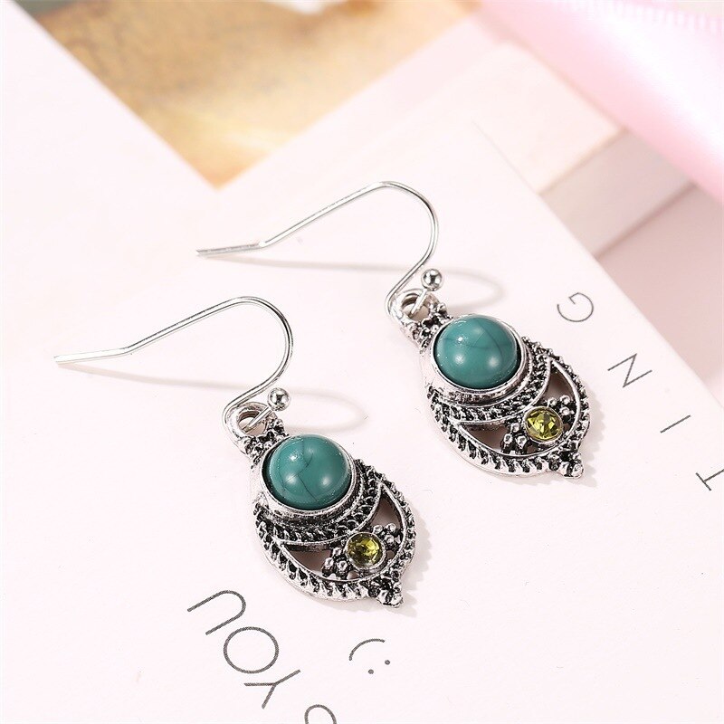 Big Vintage Eye Shape Synthetic Turquoises Earrings for Women Antique Silver Plated Jewelry Earring To Girlfriend: 5