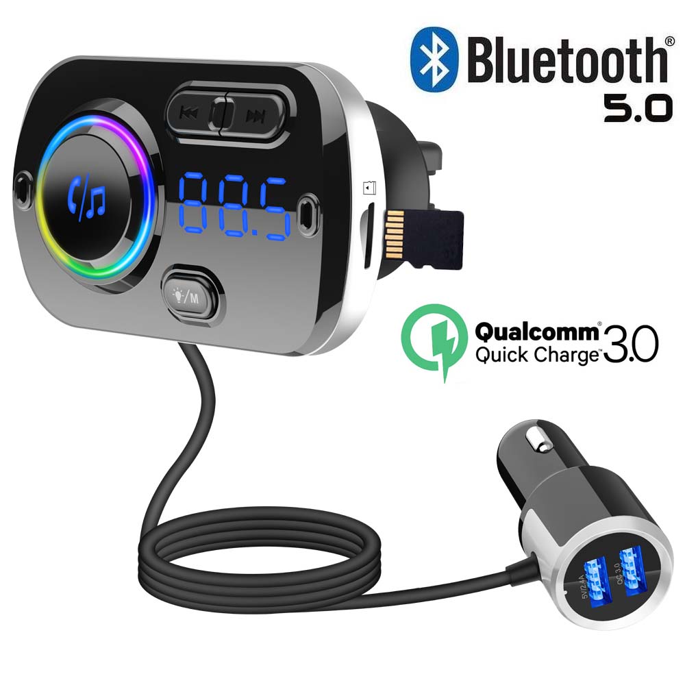 JINSERTA Bluetooth 5,0 MP3 Spieler FM Sender Auto Bausatz USB QC3.0 Freisprecheinrichtung Bunte atmosphäbetreffend lichter Unterstützung TF Karte