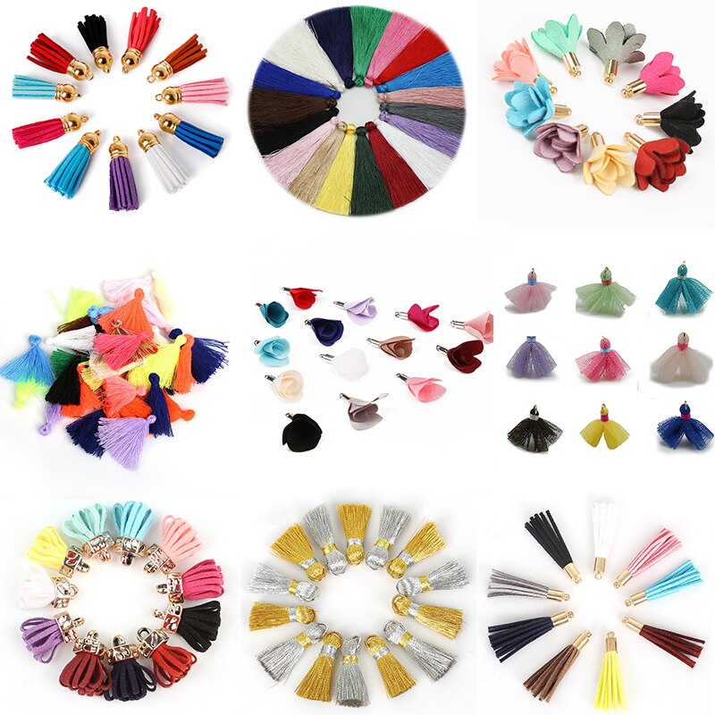 10-50pcs/lot Mixed Styles Mini Mesh/Long Fringe/Suede Tasse Fabric Flower Pendants Earring Cellphoe Straps Hanging Accessories