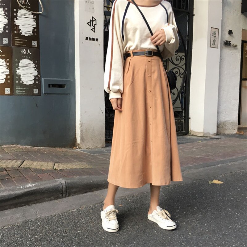 Solid midi plisserad kjol med bälte dam vår svart hög midja a-linje kjolar dam koreanska harajuku skol lång kjol: Kaki / L