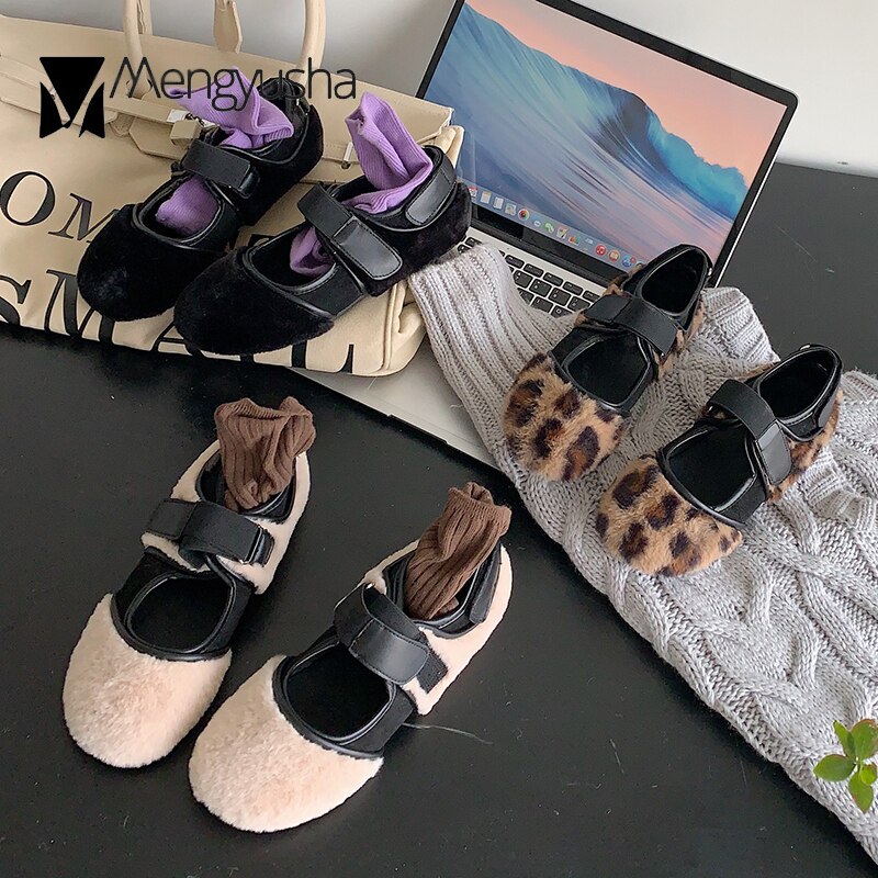 Pörröiset leopardihousut nainen koukku ja silmukka mary janes talvipehmo lolita kengät naiset lampaanvilla mokasiinit lämpimät fleece-loaferit