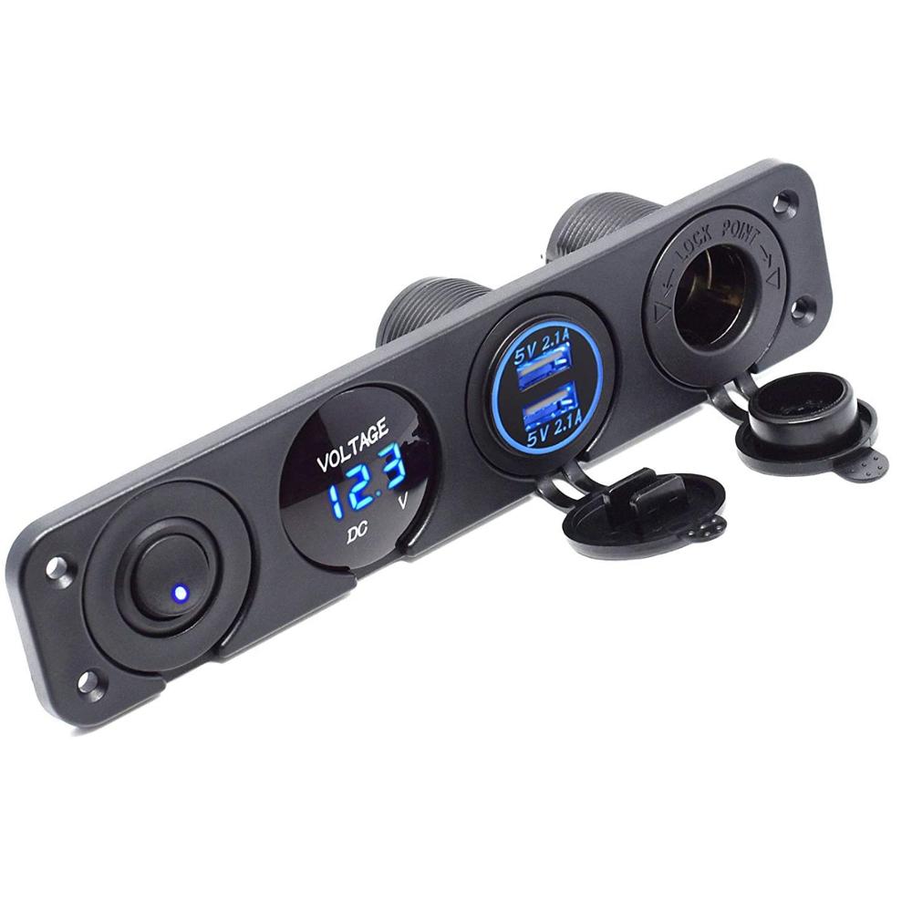 Dual Usb Socket Charger 2.1A & 2.1A + Led Voltmeter + 12V Stopcontact + On-Off Toggle schakelaar Vier Functies Panel Voor Auto Boot: LED BLUE