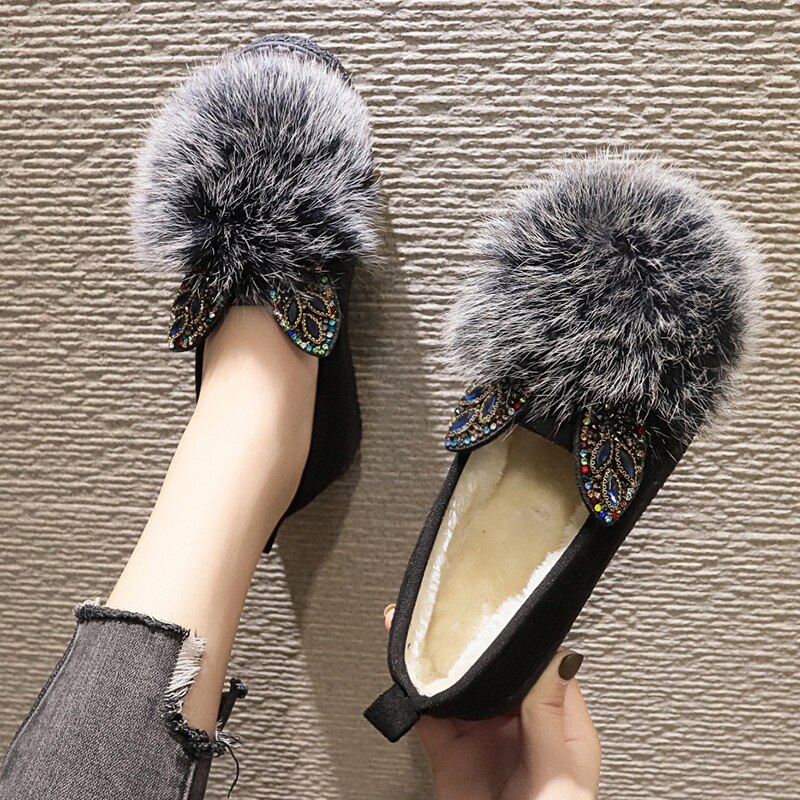 Winter Bont Flats Vrouw Schoenen Suède Muilezels Pluche Harige Mocassins Dames Casual Warm Houden Korte Pluche Schoenen Vrouwen Flats: black 2 / 9