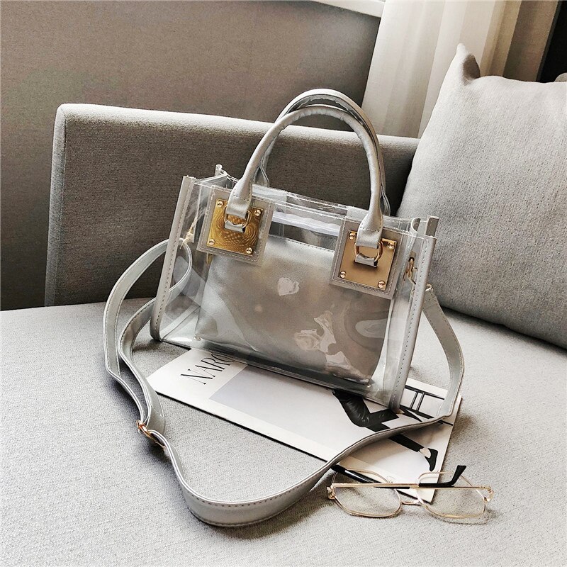 Strand Tasche Schulter Tasche Hand Tasche Schulter unterschiedlich Größe Taschen transparent Gelee Frauen'S Tasche: Silber