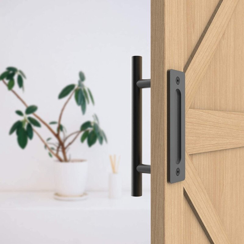 12 Inch Sliding Barn Door Handle Pull And Flush Hardware Set With Barn Door Floor Guide, Rustic Black (1 Set)