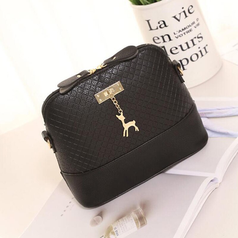 Women Hand Bags Pu Leather Soft Women Wild Shoulder Messenger Bag Quilted Shell Bag Pendant Cute Deer: Black