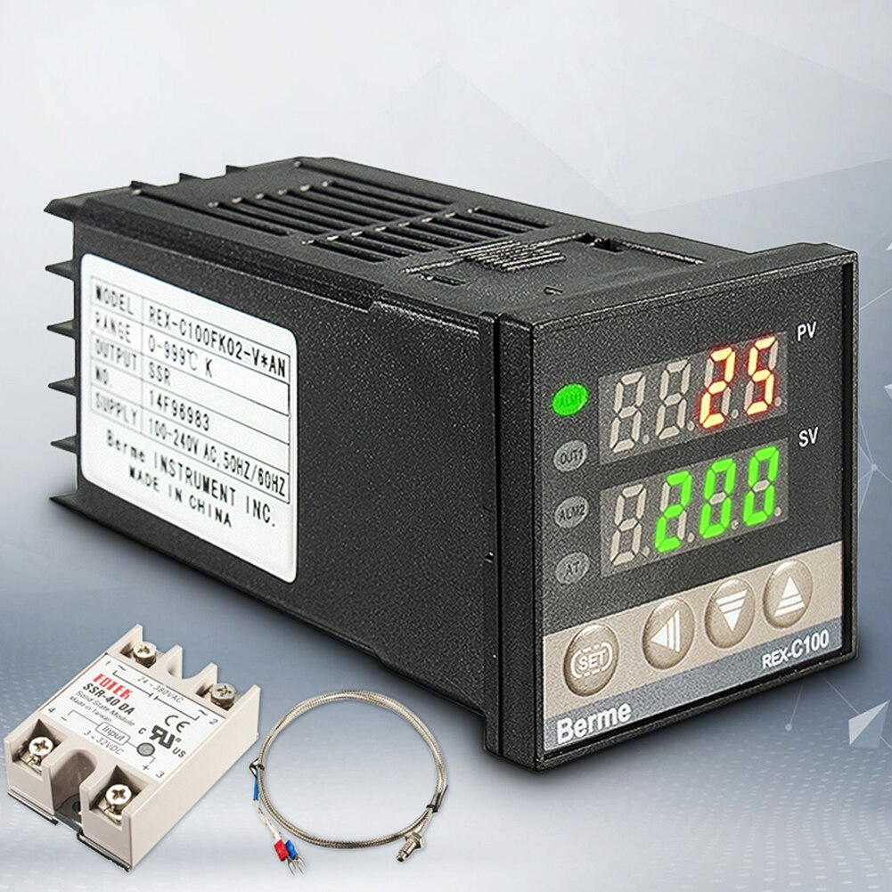 Digitale 220V PID REX-C100 Temperatur Controller + max.40A SSR + K Thermoelement, PID Controller Set + Kühlkörper