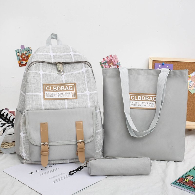 Puimentiua 4 Stks/set Rugzak Vrouwen Rugzak Canvas Schoudertassen Plaid Stijl Meisje Schooltas Vrouwelijke Student Rugzak Sets: gray B