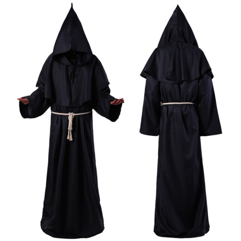 Christian Vader Jas Priester Lace Up Gewaad Monnik Marionet Halloween Kostuum Cosplay Mantel Effen Kleur Hooded Halloween Kostuums *