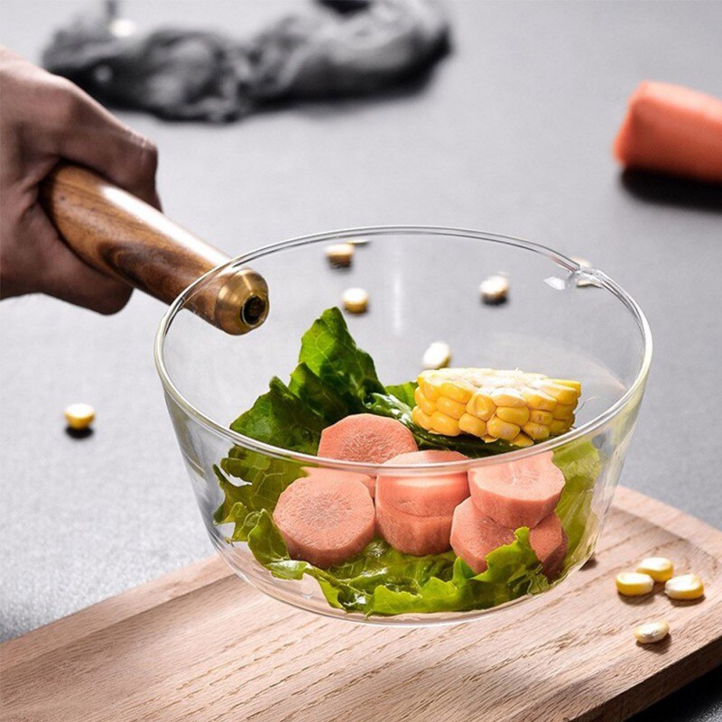 600Ml Glas Saus Melk Pot Met Houten Handvat Inductie Cooke Ontbijt Melk Salade Noedels Soep Steelpan Gasfornuis Kookgerei
