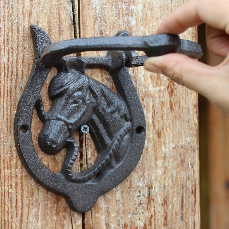 Puerta de Hierro Fundido aldaba cabeza de caballo con manija Western Cowboy herradura puerta pestillo Metal puerta de casa decoración Vintage artesanía