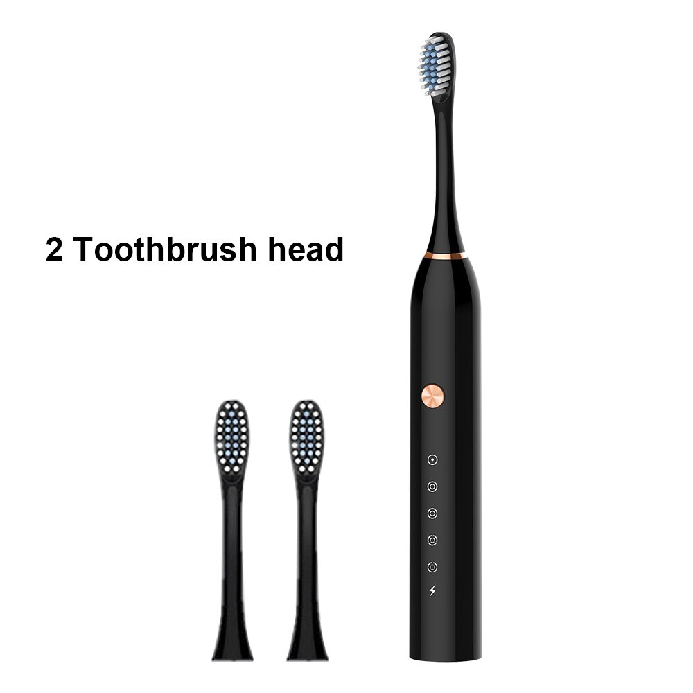 Powerful Ultrasonic Sonic Electric Toothbrush USB Rechargeable Toothbrush Adult Electronic Washable Whitening relax Teeth Brush: Black 2 Heads