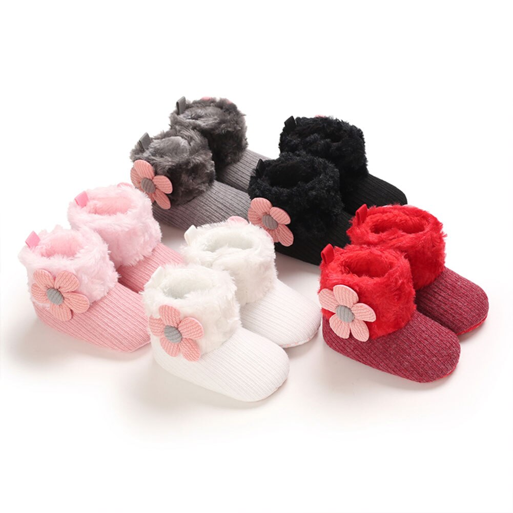 0-18m bébé filles bottes de neige doux fausse fourrure tricot fleur chaussons anti-dérapant infantile Prewalkers