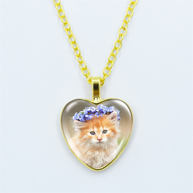 Collar con colgante de corazón de gato para mujer, joyería de cadena fina con cara de gema de cristal y Metal a la , accesorios de para niños: Color dorado