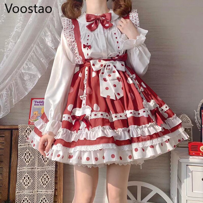 Vestido de estilo japonés gótico de Lolita para mujer, ropa Kawaii con estampado de puntos, fresa dulce, Harajuku, femenino, con tirantes