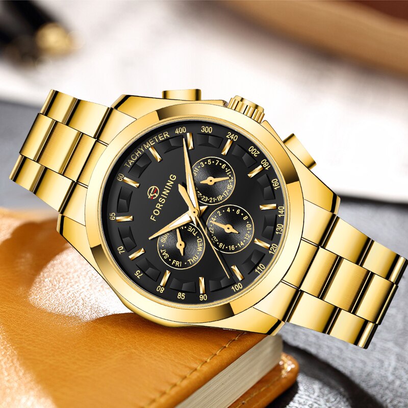 Forsining Zwarte Business Mechanische Mannen Horloge Automatische 3 Sub Dial Datum Golden Stalen Band Dress Horloge Klok Uur Tijd Reloj