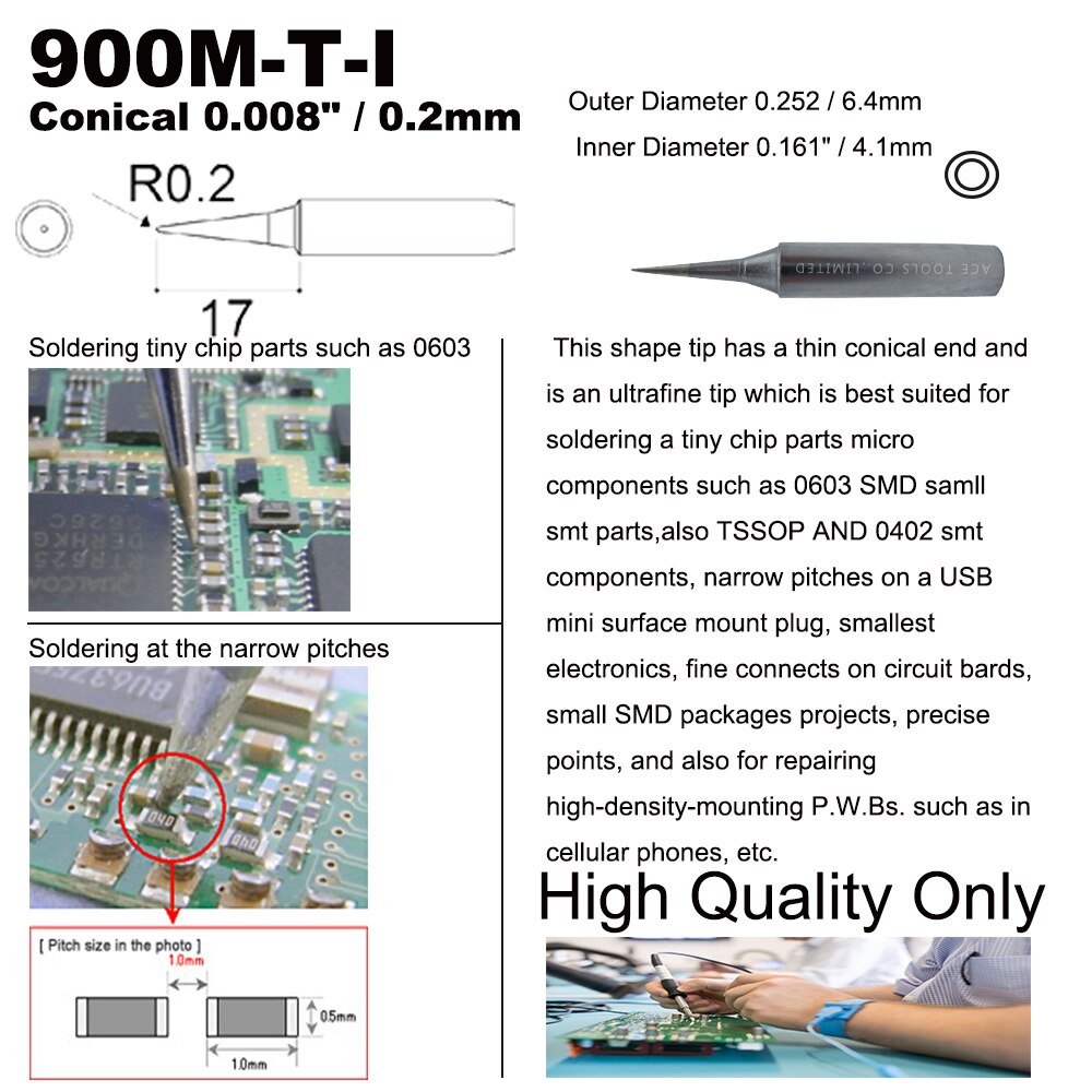 5 PCS Soldering Tips 900M-T-I Conical 0.2mm for Hakko 936 907 Milwaukee M12SI-0 Radio Shack 64-053 Yihua 936 X-Tronics 3020 Iron