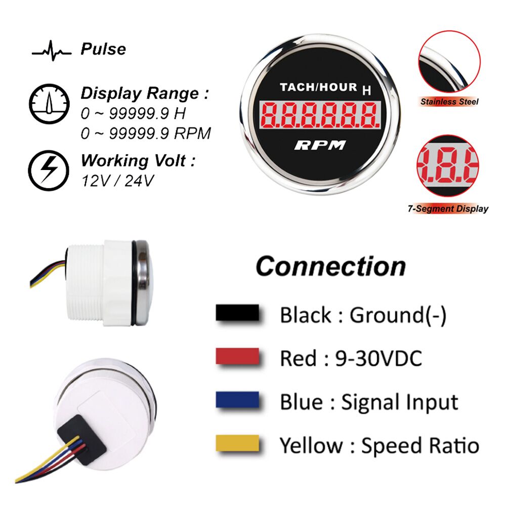 Universel 52mm bateau sablier étanche heures mètres temps jauges pour Marine voiture moto Yacht 9-32V rouge rétro-éclairage