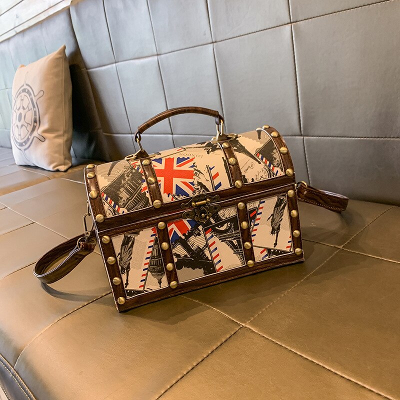 World map treasure chest Women Bags Leather Patchwork Embroidery Handbag Girl Shoulder Bags Cross Body Messenger Bag Female Tote: White