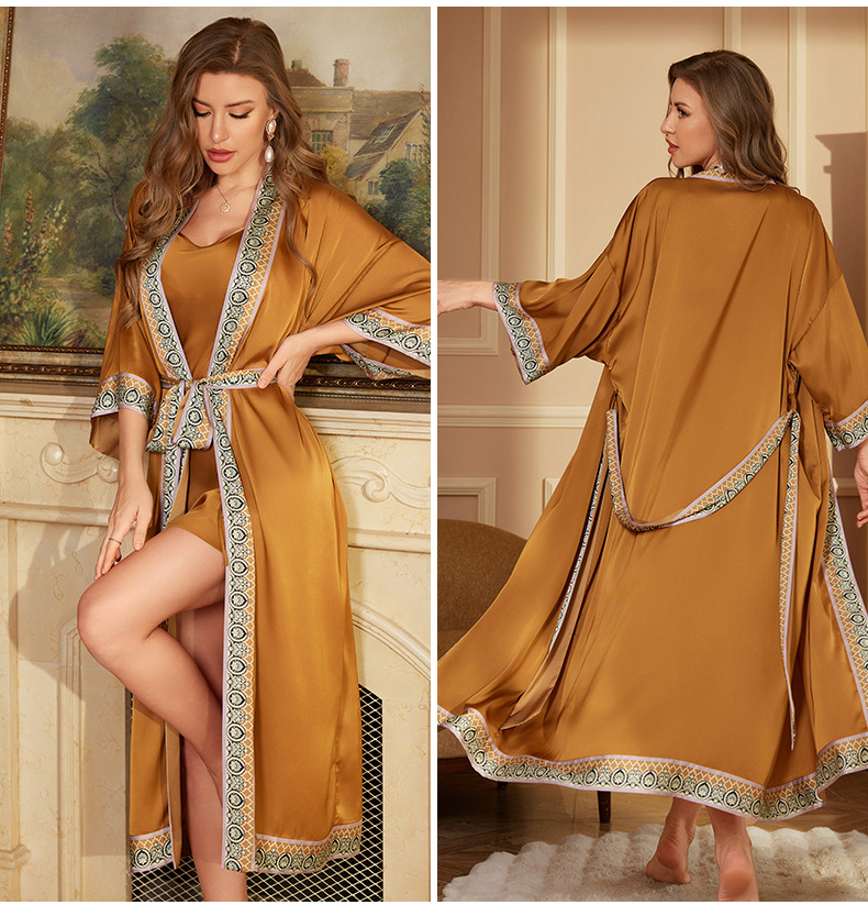 Robe de mariée de mariage Robe de chambre Sexy bordeaux peignoir chemise de nuit printemps été 2 pièces ensemble de vêtements de nuit Satin Homewear vêtements de détente: L / Marron