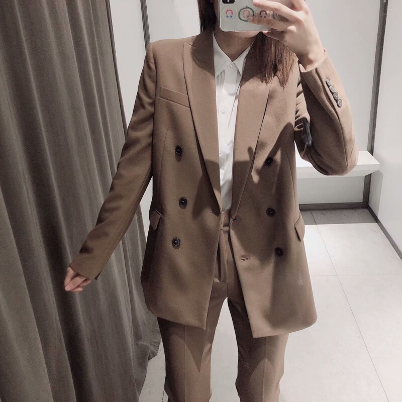 Traje de pantalón doble botonadura para mujer, chaqueta con muescas y pantalón, conjunto de dos piezas para mujer, ropa de oficina otoño , trajes para mujer