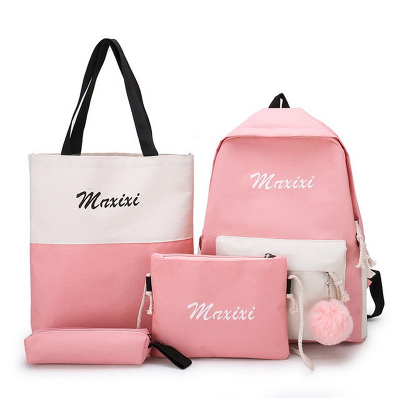 5 Stks/set Schooltas Voor Tiener Effen Rugzak Schooltas Vrouwen Student Zak Kant Boog Bundel Rugzak: pink 3