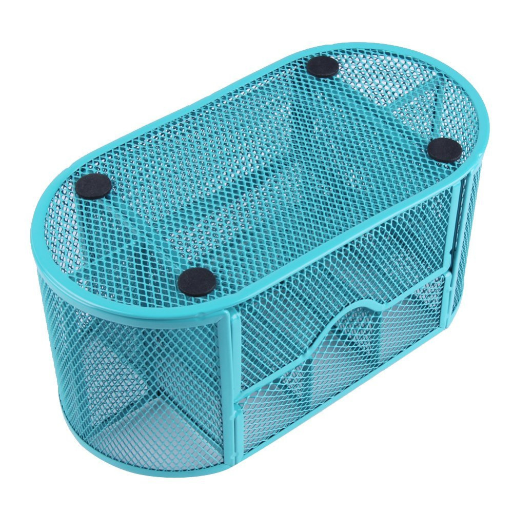 Blue Mesh Desk Organizer Desktop Pencil Holder Accessories Office Supplies Caddy with Drawer, 9 Compartments