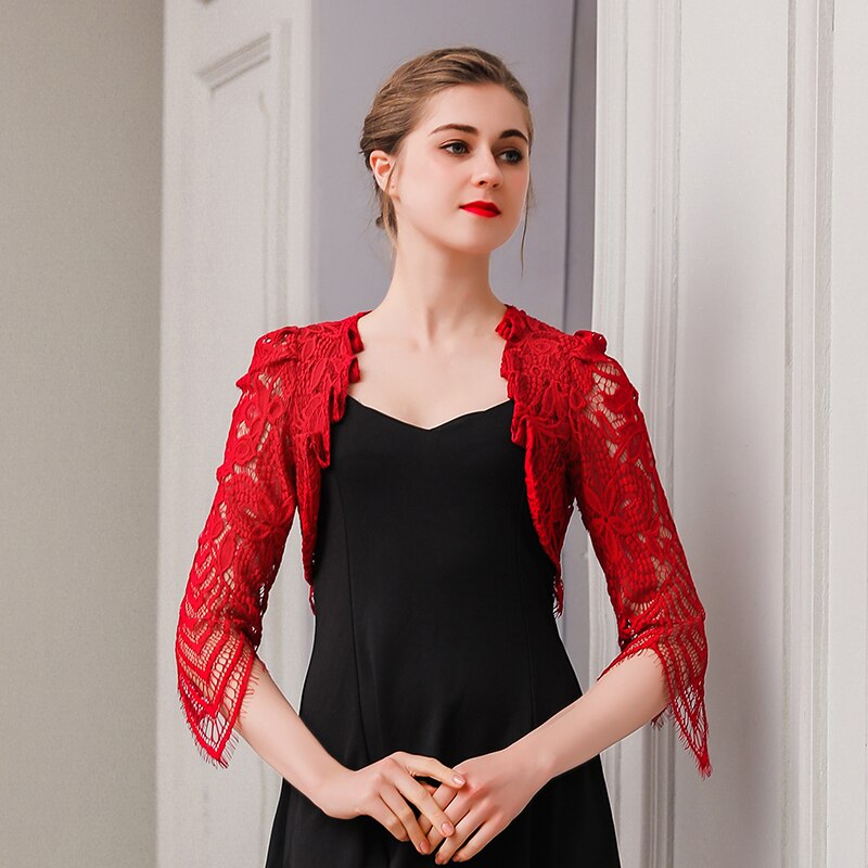 Halbe Hülse Burgund Schwarz Weiß Braut Jacke wickelt Tücher Spitze Hochzeit Jacke Frauen Bolero Abend Party Kleid Umhänge Jacke: Burgund / XL