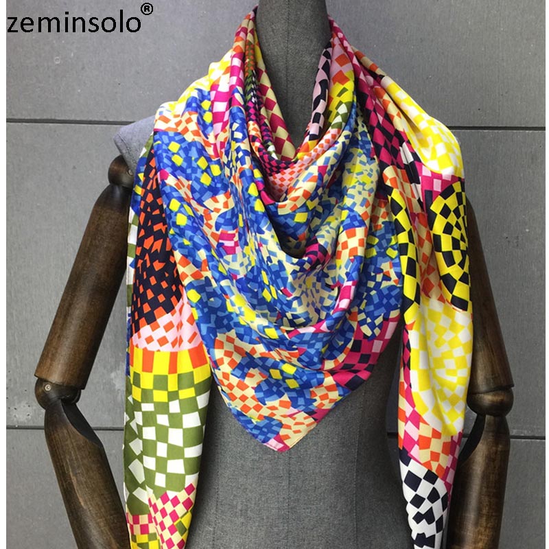Bufanda Mujer cuadros de seda de sarga de 100% chal con estampado de Echarpe cuatro lard para Mujer Bufandas cuadradas para Mujer Pañuelos Mujer 130*130cm