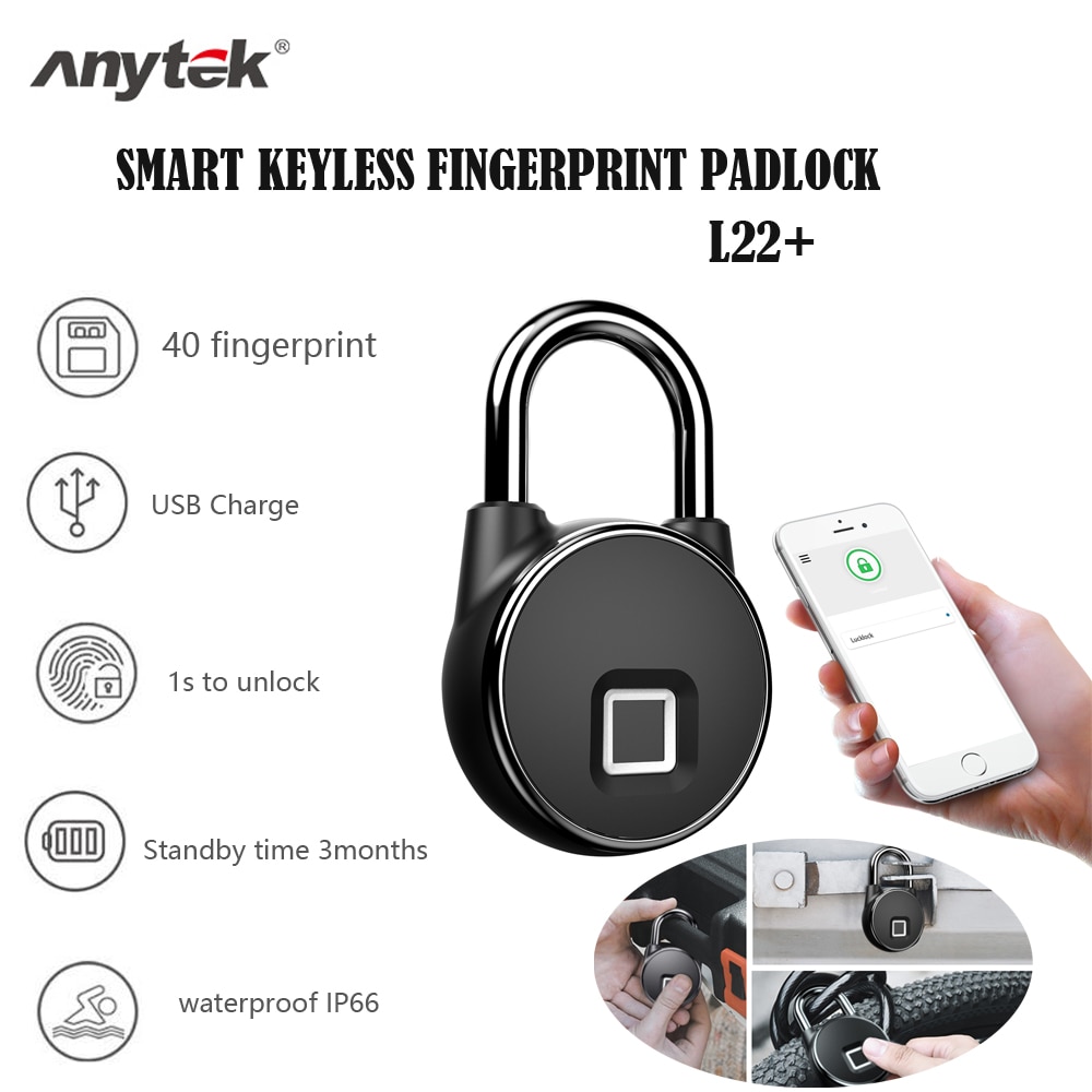 Anytek P22+Bluetooth Rechangeable Unlock Smart Keyless Fingerprint Lock Waterproof IP66 Anti-Theft Securit Door Luggage Padlock