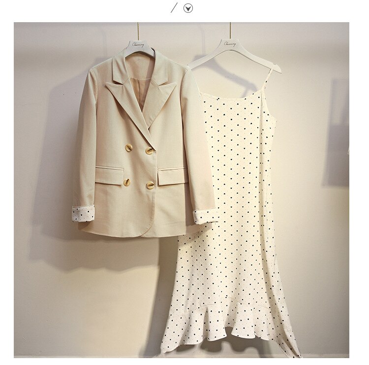 Plus size 5xl dame kjole jakkesæt langærmet blazer sæt smart blazer med slynge kjole streetwear løs prikket slynge jakkesæt coa: Beige / 4xl