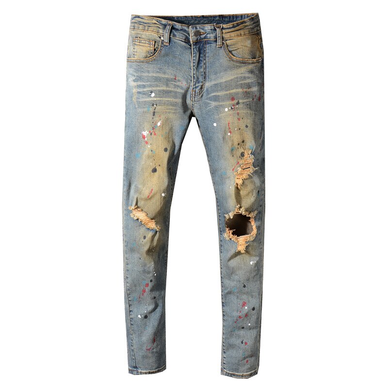 Streetwear heren jeans retro geel gewassen destroyed ripped jeans stretch paint hiphop jeans heren