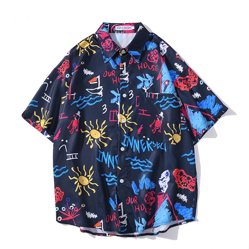 Chemise d'été élément chinois imprimé de plage homme, Graffiti, chemise hawaïenne pour homme et femme, chemise noire et blanche, décontracté: Bleu ciel / S