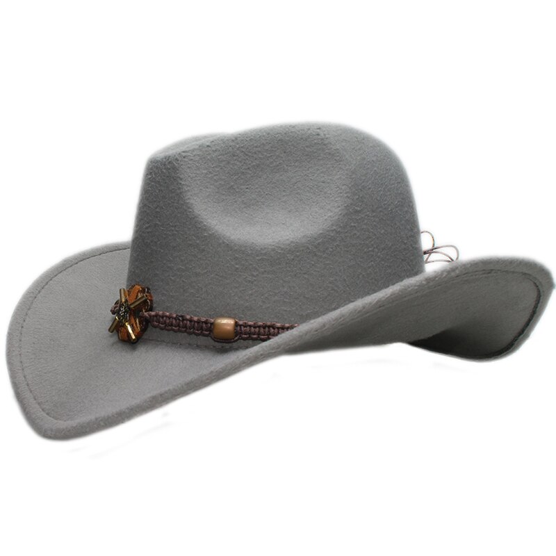 Sombrero de vaquero de ala ancha para hombre y mujer, gorro de lana de estilo Vintage, estilo occidental, Formal, con lazo, banda de cuentas de punto de madera, 61cm, talla grande: Gris