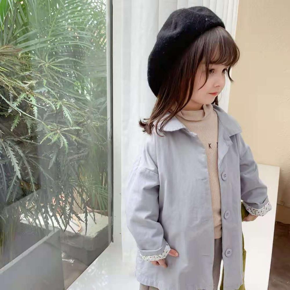 Girls' Jacket Autumn and Winter Korean Style Pocket Doll Collar Long Floral College Windbreaker: Sky Blue / 4T