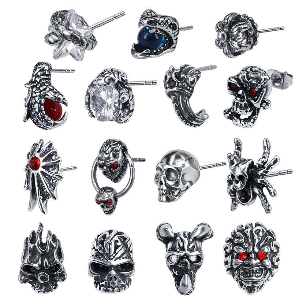 ZS Punk Rock 316L Stainless Steel Stud Earrings for Men 2 Pcs Hip Hop Skull Earring with Red CZ Stone Male Biker Gothic Jewelry