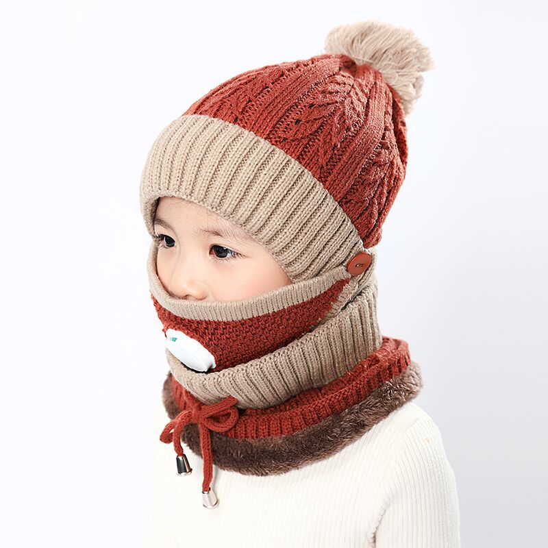 3 in 1 Kids Knitted Scarf Hat Face Mask Set with Breathing Valve Winter Warm Soft for Children Outdoor -MX8: caramel color