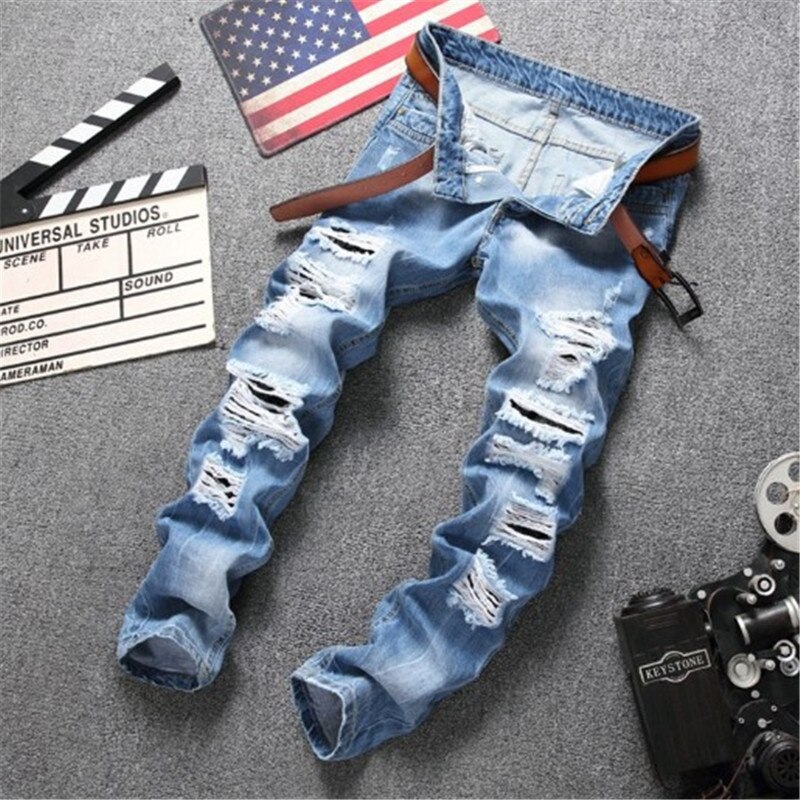 Original Style Worn-Out Middle-Waist Jeans European American Summer Light Blue Ripped Denim Pants Fashionable Trouser